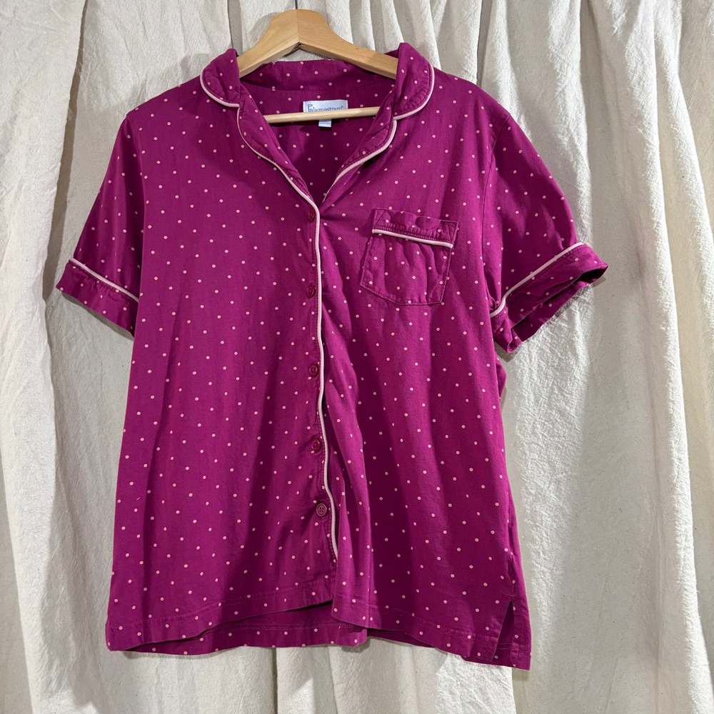 PajamaGram Womens Magenta Polka Dot Cotton Pajama Top Short Sleeve Size Large
